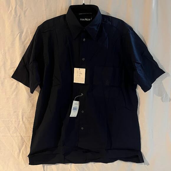 VTG NWT Nautica Shirt Navy Short Sleeve Button Down Size Large - Picture 1 of 4